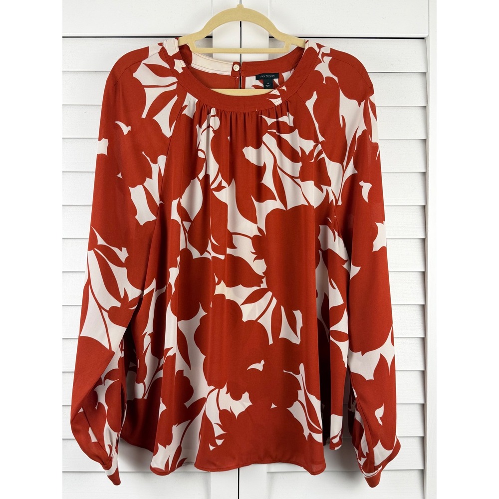 Ann Taylor Blouse XL Rust Floral Pleated Long Sleeve Top
